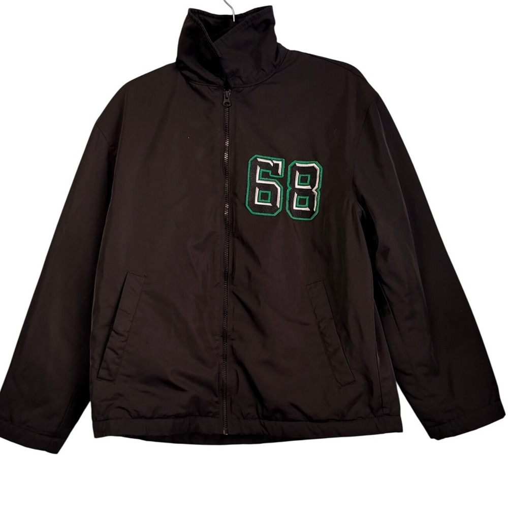 H&M Mens Varsity New York Bomber Jacket Black Green 68 Patch Quilted Lined XL